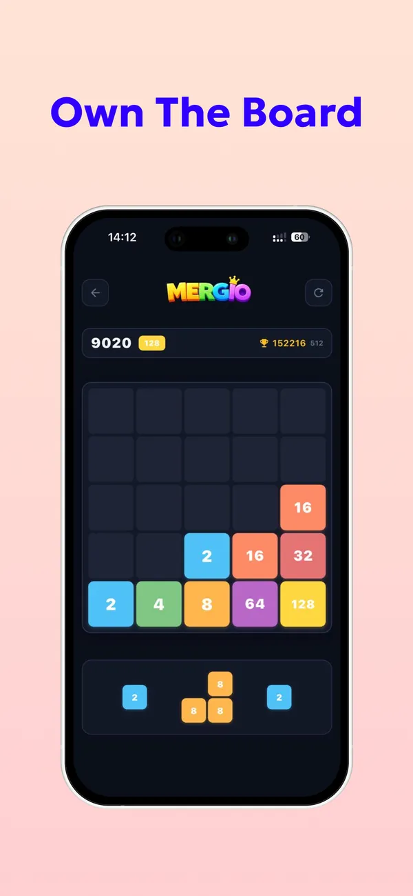 Mergio board with tiles from 2 to 128 settling toward the bottom-right corner