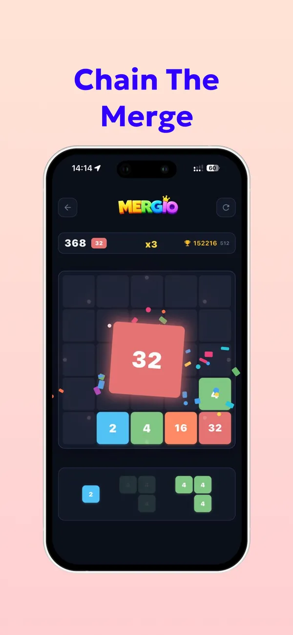Mergio board mid-chain: a 32 tile appears as merges cascade across the 5×5 grid