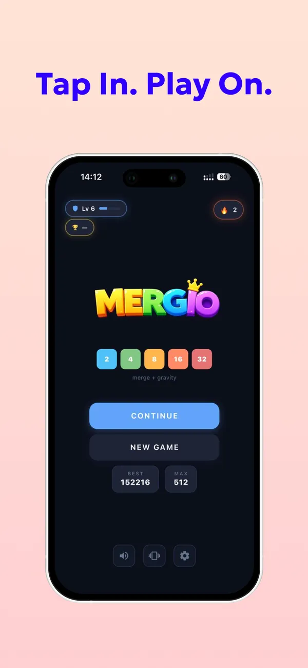 Mergio home screen with Continue and New Game buttons and the best score